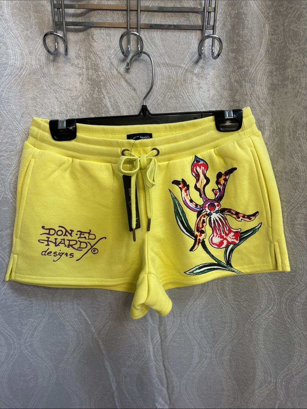 Don Ed Hardy Yellow Orchid Drawstring Women's Shorts